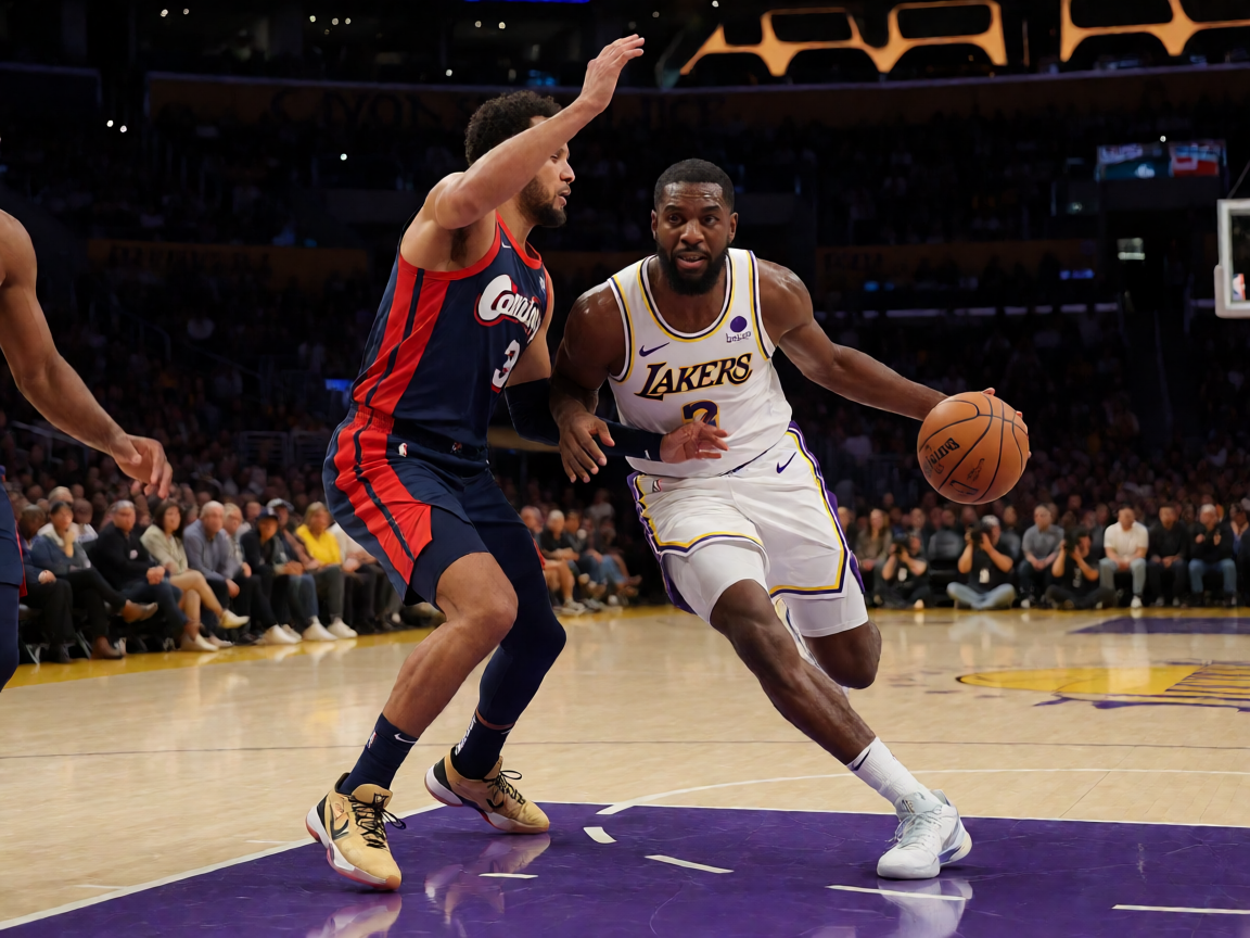 NBA篮球比赛现场，球员在比赛中激烈对抗，球馆内灯光璀璨